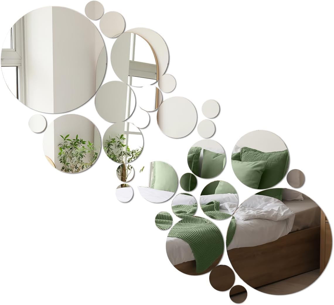 32 Pcs Acrylic Mirror Wall Stickers, Removable Wall Decal Mirror Set, Bathroom Wall Sticker Art, Circle Ceiling Mirrors for Bedroom, Home, Living Room, Sofa TV Background Decor (Medium)