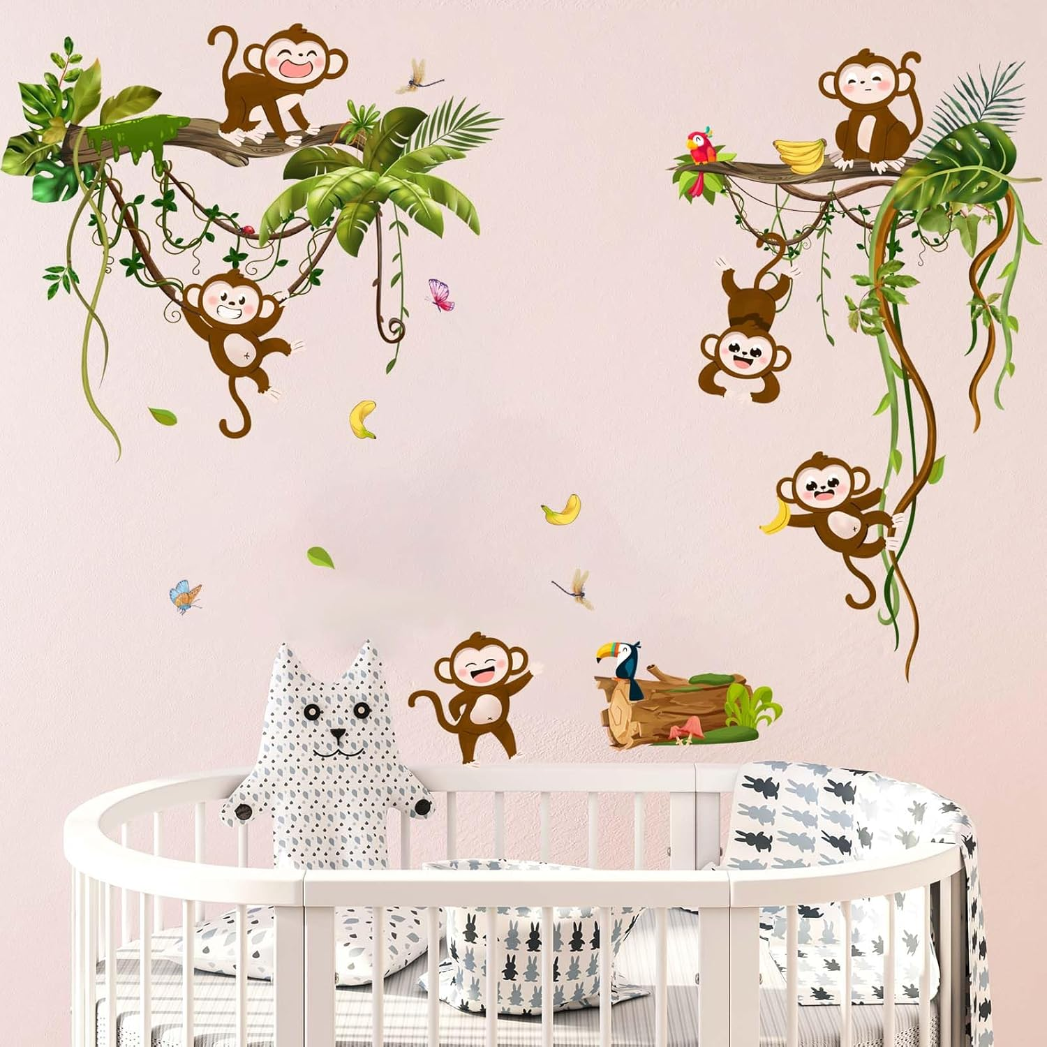 Monkey Climbing Tree Wall Decals - Jungle Animals Vine Leaves Wall Stickers - Baby Nursery Kids Girls Boys Room Daycare Playroom Classroom Wall D&eacute;cor image number 2