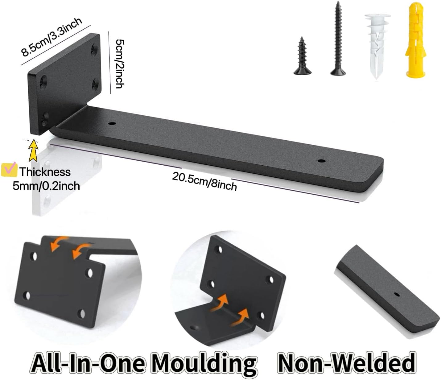 Shelf Bracket, 6 Pack 8 Inch Long L-Shaped Floating Shelf Bracket, Heavy Duty Shelf Bracket, 1/5-Inch Thick Metal Wall Shelf, 160 Lb Weight Capacity, Wood Shelf Support DIY Bracket (Matte Black)