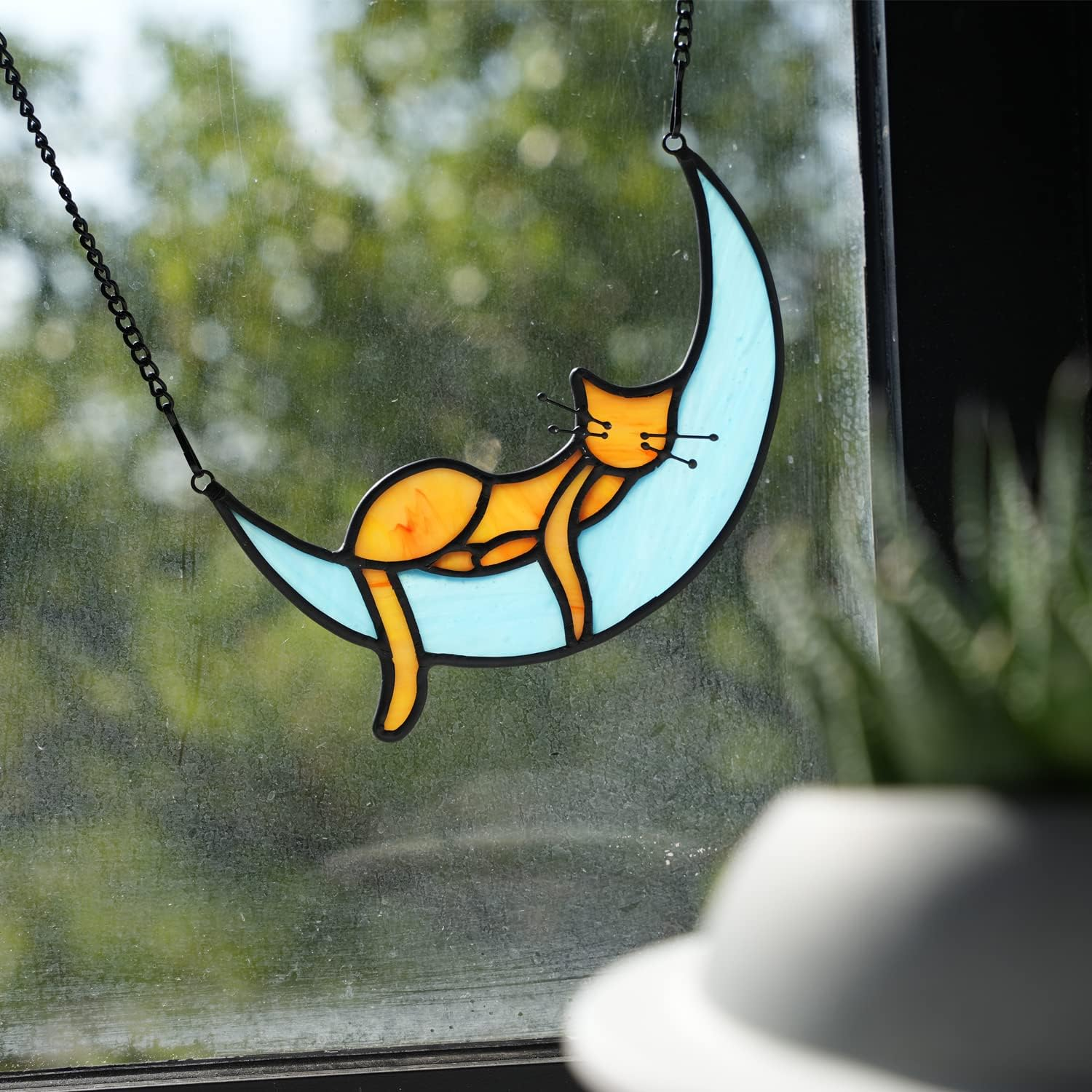 BOXCASA Orange Cat Suncatchers Handcrafted Stained Glass Window Hanging - Moon Phase Memorial Gifts for Cat Lovers,Birthday,Christmas Day, for Women,Mom image number 3