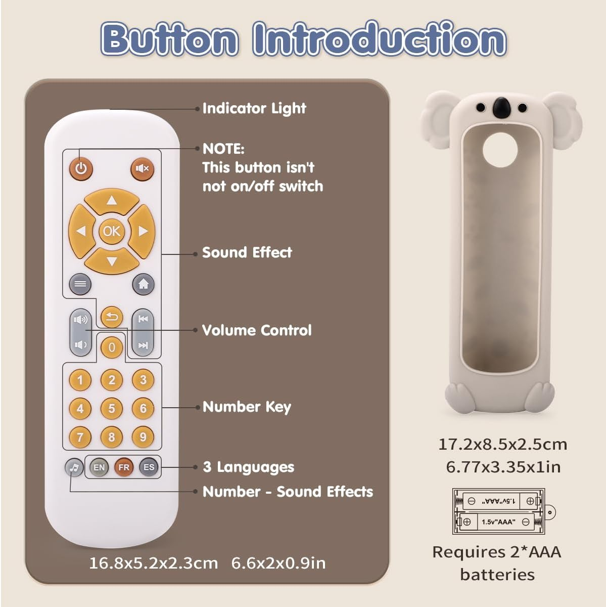 Kaekid Baby TV Remote Control Toy with Silicone Cover, Baby Musical Toys, Toddler Early Number Learning in 3 Languages (English, Spanish & French), Preschool Kids Toys 6-12 Months (Koala) image number 4