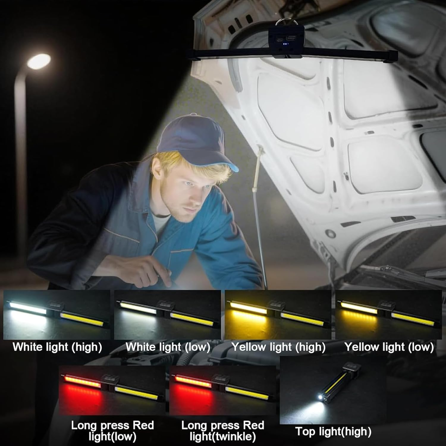 Gym Lamp, Portable Magnetic Work Light, USB Rechargeable LED Work Light with 7Th Gear Dimming, 180&deg; Rotate Foldable Hang Hook Camping Light, Flashlight Bar Hand Lamp for Car Repair image number 3