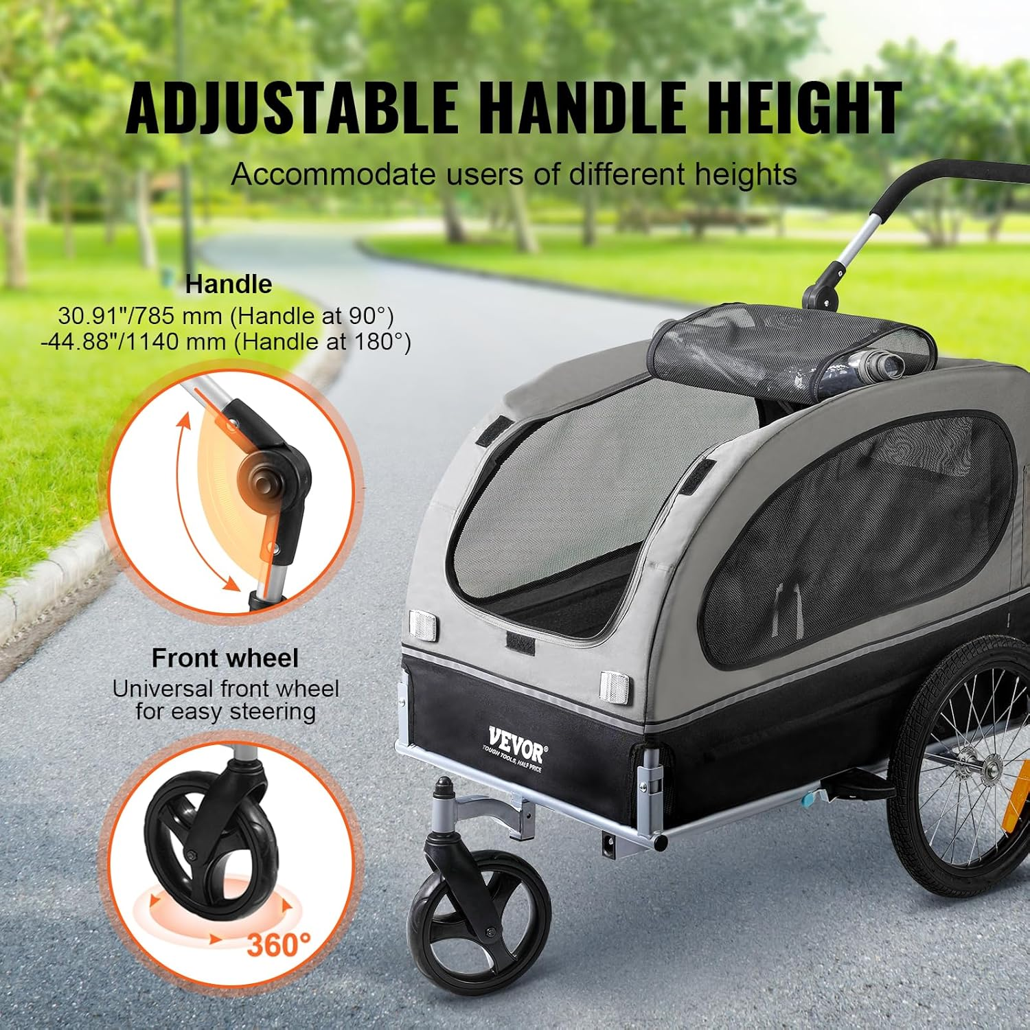VEVOR Dog Bike Trailer, Supports up to 66/88/100 Lbs, 2-In-1 Pet Stroller Cart Bicycle Carrier, Easy Folding Cart Frame with Quick Release Wheels, Universal Bicycle Coupler, Reflectors, Flag image number 5