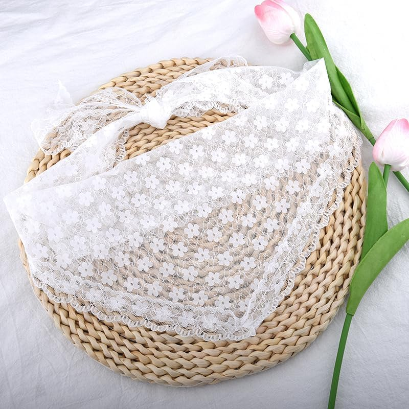 Lace Head Scarf for Women Girls Boho Flower Bandana Headband White Triangle Hair Scarfs Head Warp Lace Silk Headscarf Vintage Knit Hair Scarf for Short Long Hair Accessories