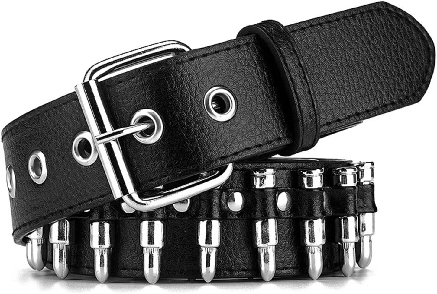 PEAFAN Bullet Studded Belt, Punk Rivet Belt Black Leather Rock Belt with Silver Bullet for Women Men Standard Size, Black image number 2