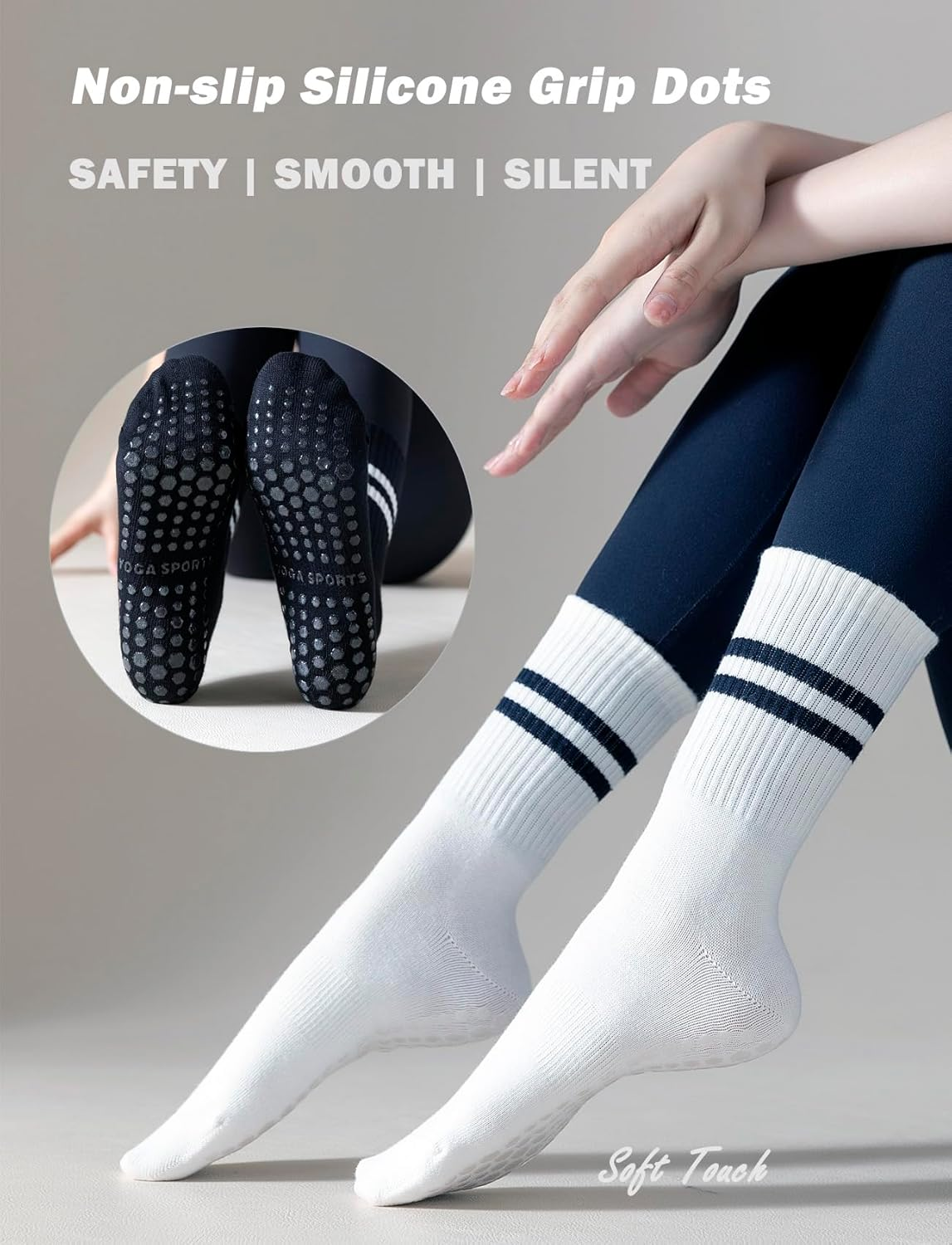 Rolxmed Grip Socks Non Slip Breathable for Pilates Yoga Gym Hospital Floor anti Slip Women and Men (Multi-Packs, Size7-11) image number 3