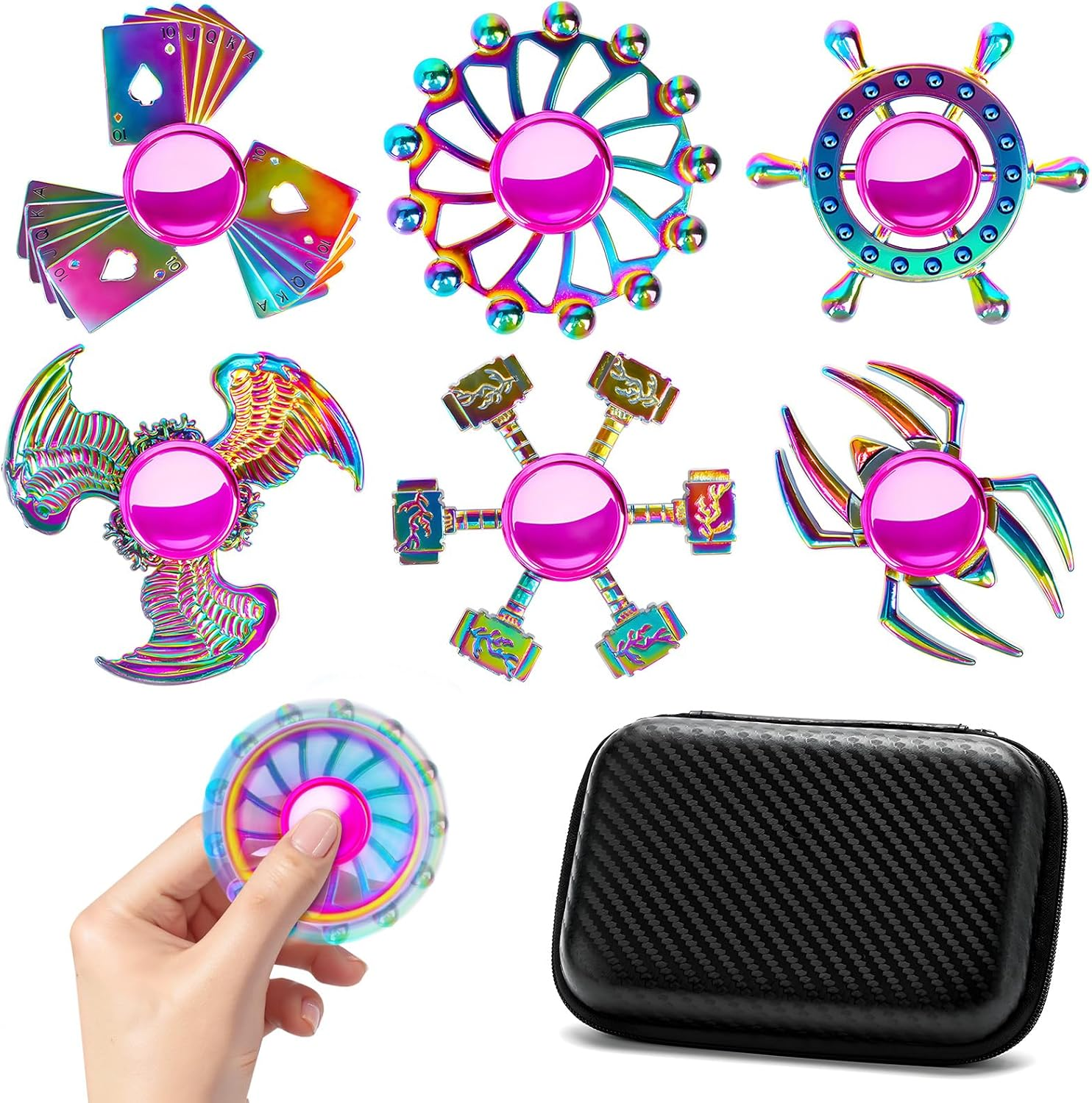 Taefuhnn 6 Pack Metal Fidget Spinner Bulk for Kids Adults, Cool Small Hand Fidget Spinners with Storage Bag, Rainbow Color Anxiety and Stress Relief Toys for Kids Party Favors Supplies Birthday Gifts image number 3