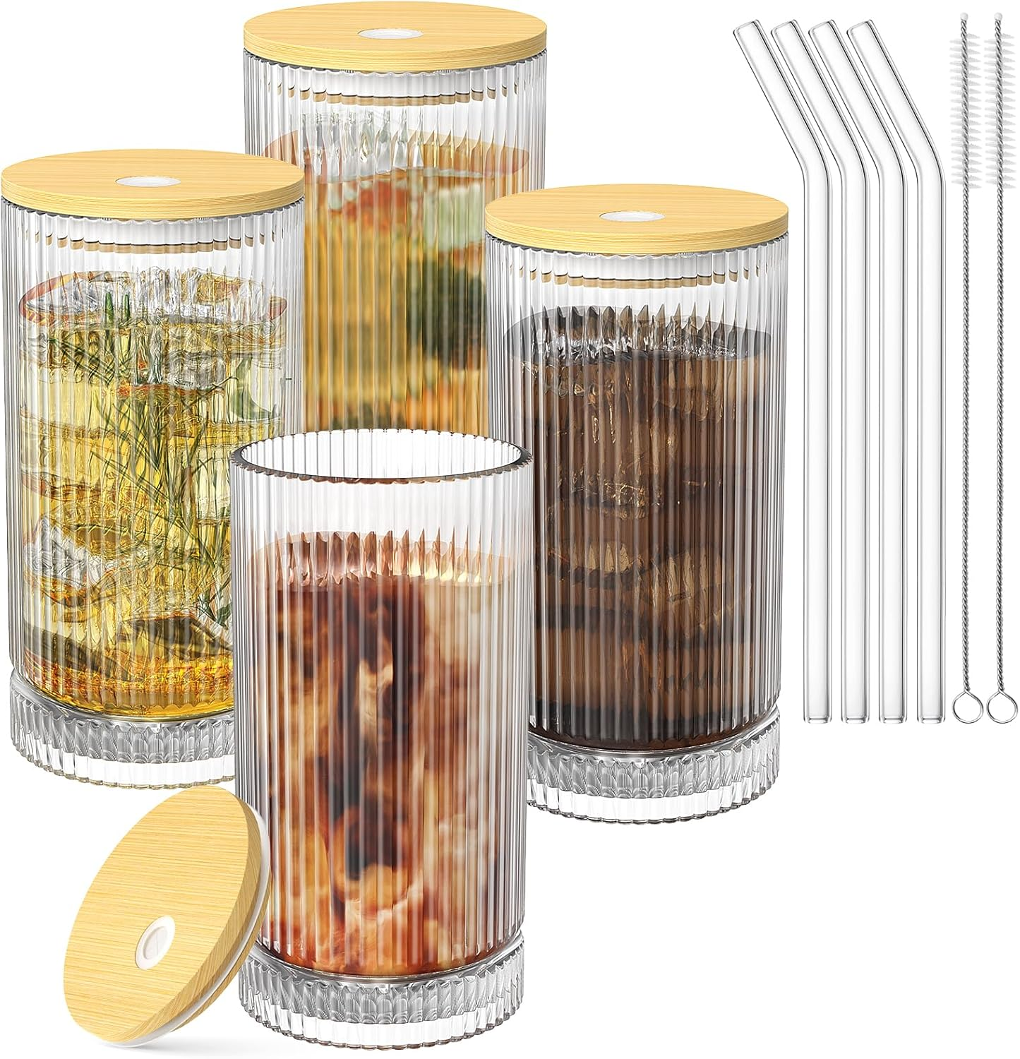 16 Oz Glass Cups with Lid and Straw, Iced Coffee Cups with Lid, Vintage Ribbed Glassware for Whiskey Cocktail Beer (2 PACK)