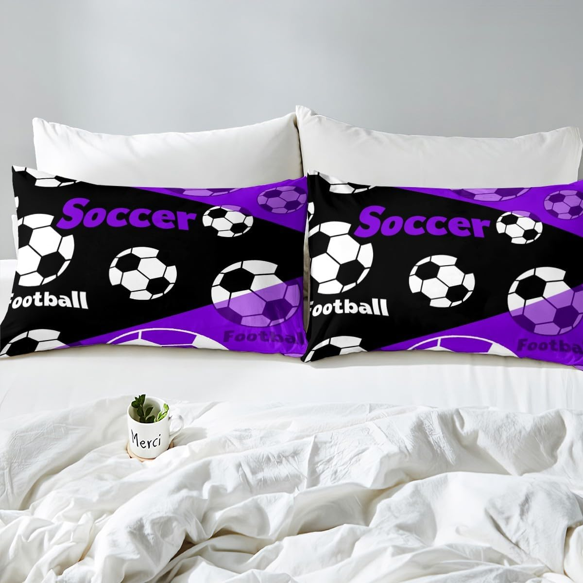 Manfei Teens Football Duvet Cover S Size, Black White Football Bedding Set, Sports Theme Purple Quilt Cover, Kids Boys Adult Room Decor, Soft and Lightweight, 1 Pillowcase image number 4