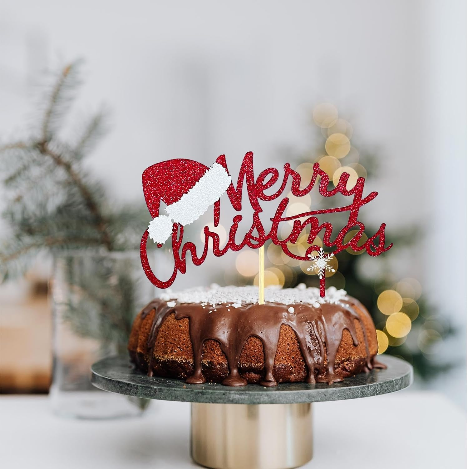 Merry Christmas Cake Topper Red Glitter Christmas Hat Topper Xmas Holiday Cake Picks for Christmas Party Birthday Wedding Decorations image number 3