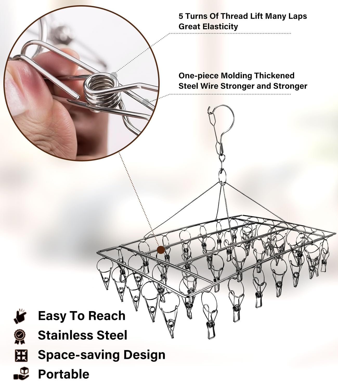 Stainless Steel Clothes Drying Rack - 40 Pegs Folding Sock Dryer with Clips Windproof Hook for Sock, Drying Bras, Lingerie, Clothes, Towels, Scarves, Underwear Hanger for Washing Line Accessories image number 5