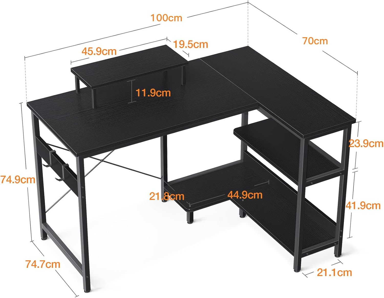 ODK L Shaped Computer Desk with Reversible Storage Shelves, 100 * 70 * 87.7Cm, Corner Desk with Monitor Stand&Headphone Hook, Home Office Desk, Modern Simple Writing Table, Black image number 4