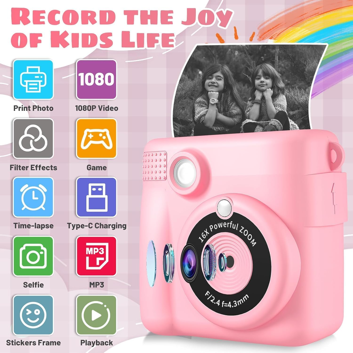 Kids Camera - Children'S Instant Camera Print 1080P 2.4 Inch Screen, Digital Camera with 16X Digital Zoom, 32GB TF Card, Card Reader, Colored Pens for 3-12 Boys and Girls Years Gift PINK - Purple image number 2