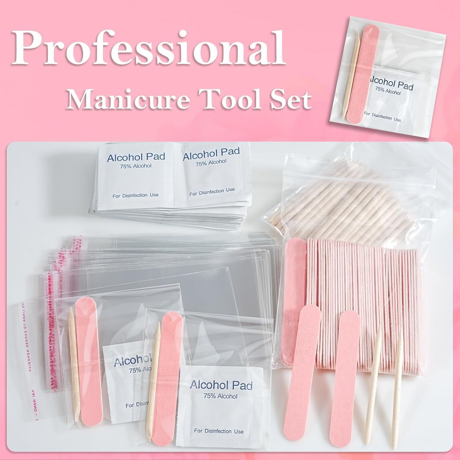 50 Set Disposable Press on Nail Tool Kit, Including 50Pcs Nail File, 50Pcs Prep Pad, 50Pcs Wood Stick, 50Pcs OPP Bag, Manicure Nail Prep Kit for Salon Home (50Pcs-A-Pink) image number 3