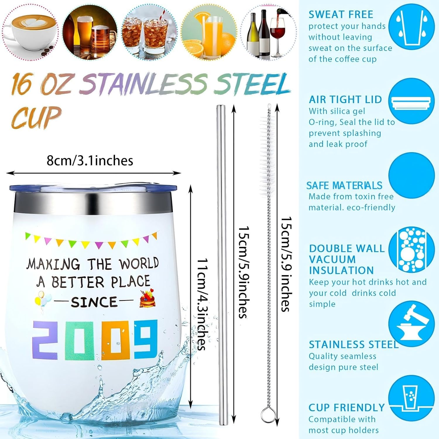 Didaey 16Th Birthday Gifts Set for Girls 2009 16 Years Old Gift, since 2009 16Th Birthday Makeup Pouch Bag 12 Oz Insulated Tumbler Stainless Steel Mirror Keychain for Bestie Daughter BFF, Multicolor image number 1