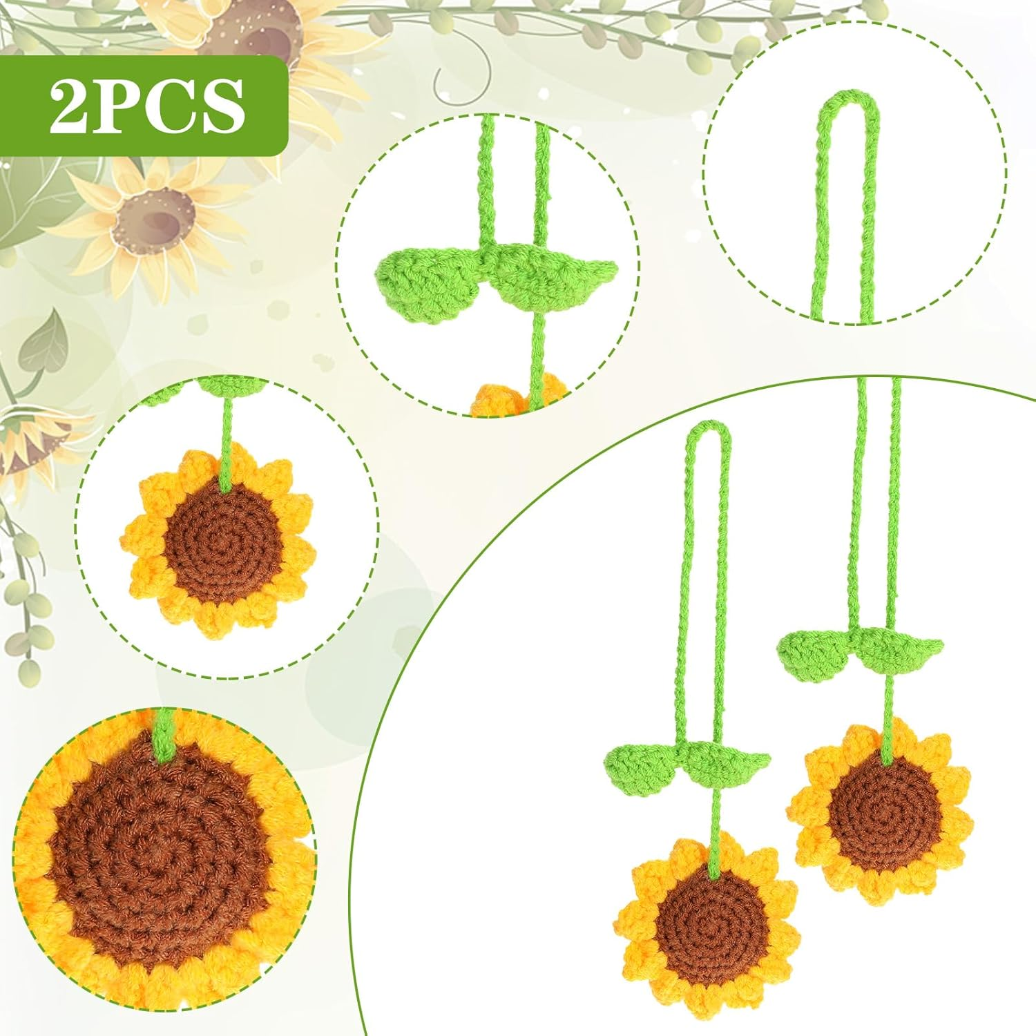 2PCS Sunflower Car Accessories, Handmade Sunflower Car Rear View Mirror Hanging Accessories Cute Crochet Cars Charm Ornaments for Interior Decorations Hanging(Yellow Green) image number 3