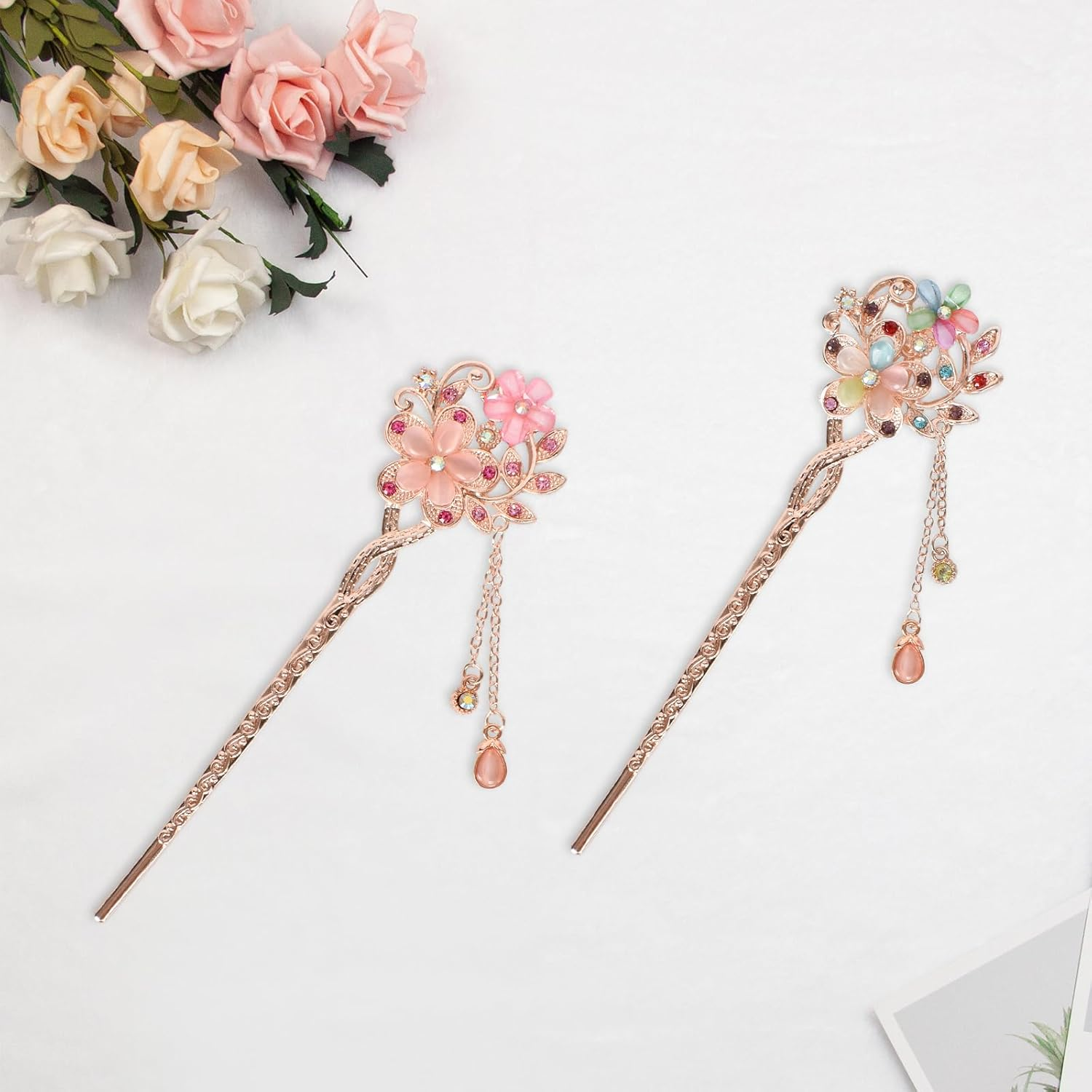 Pack of 2 Hair Sticks, Vintage Chinese Hair Sticks, Rhinestone Hair Chopsticks, Alloy Hair Stick with Tassel, Vintage Hair Chopsticks, for Girls Women Hair DIY Accessories image number 2