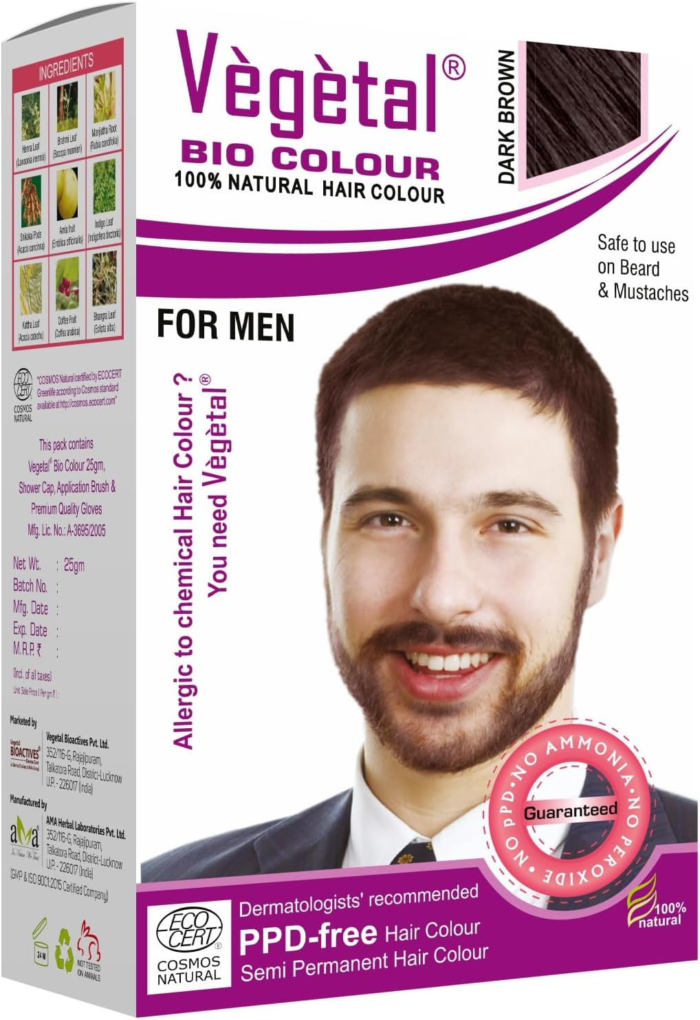 Vegetal Bio Colour - Experience Natural Dark Brown Beard Hair Color for Men Ammonia-Free, Ppd-Free, 100% Organic, and Herbal Safe and Effective Beard Dye Complete Kit Included 25G Each image number 2