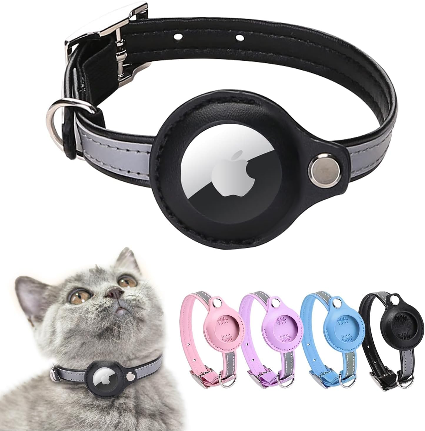 Airtag Cat Collar, Leather Airtag Collar Cat, Reflective Adjustable Cat Collar, Airtag Case for Tracking Cat, Anti-Lost, Airtag Cat for Large/Medium/Small Cat (XS, Black image number 6