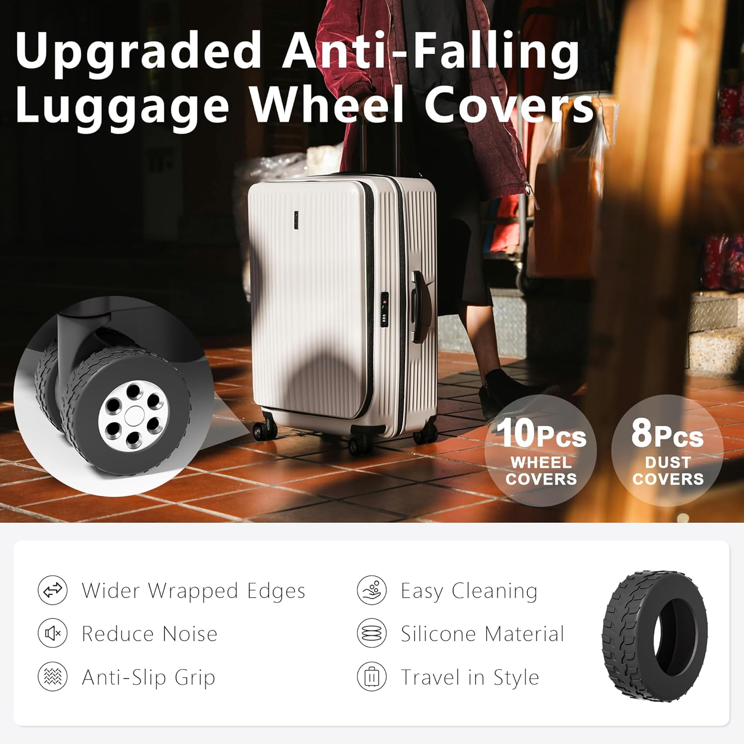 10-Pack Upgrade Silicone Luggage Wheel Protectors Covers for Suitcases &ndash; Universal Fit 2-2.4 Inch Spinner Wheels, Wear-Resistant Noise Reducing Travel, Black, for 2-2.4" Spinner Wheel - Black image number 5