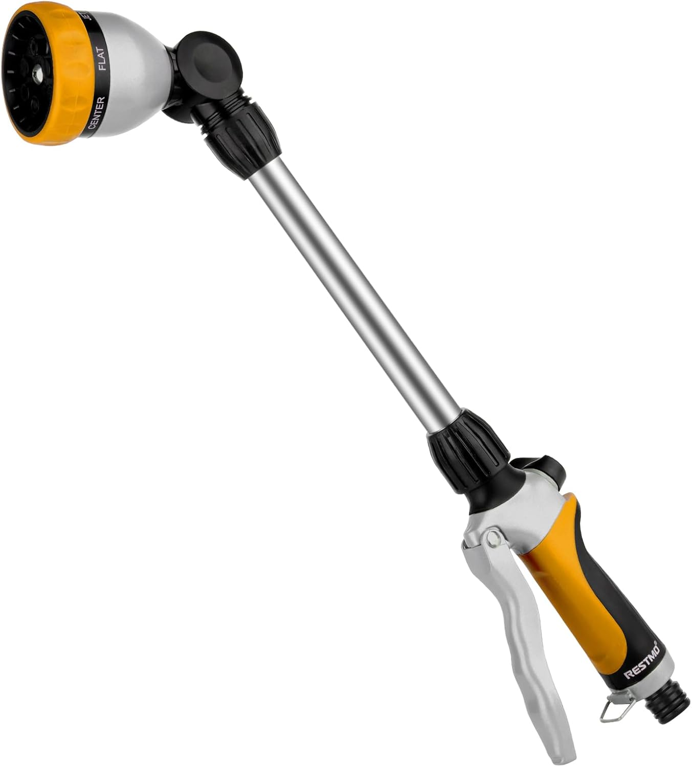 RESTMO Watering Wand Heavy Duty, Long Metal Spray Nozzle | 180&deg; Adjustable Ratcheting Head | 7 Spray Patterns Extension Hose Wand, Perfect Garden Sprayer Gun to Water Hanging Baskets, Shrubs, Yellow