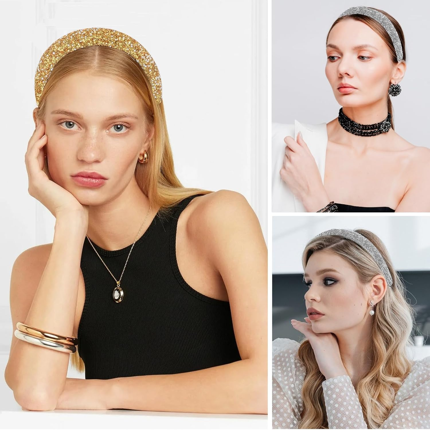 Rhinestone Headbands, Gold, Sparkling Crystal Headwear, Jewelry Headband, Diamond Bling Rhinestone Wide Hairband, Non Slip Glitter Hair Hoop, Faux Crystal Diamond Headpiece for Women Girls image number 1