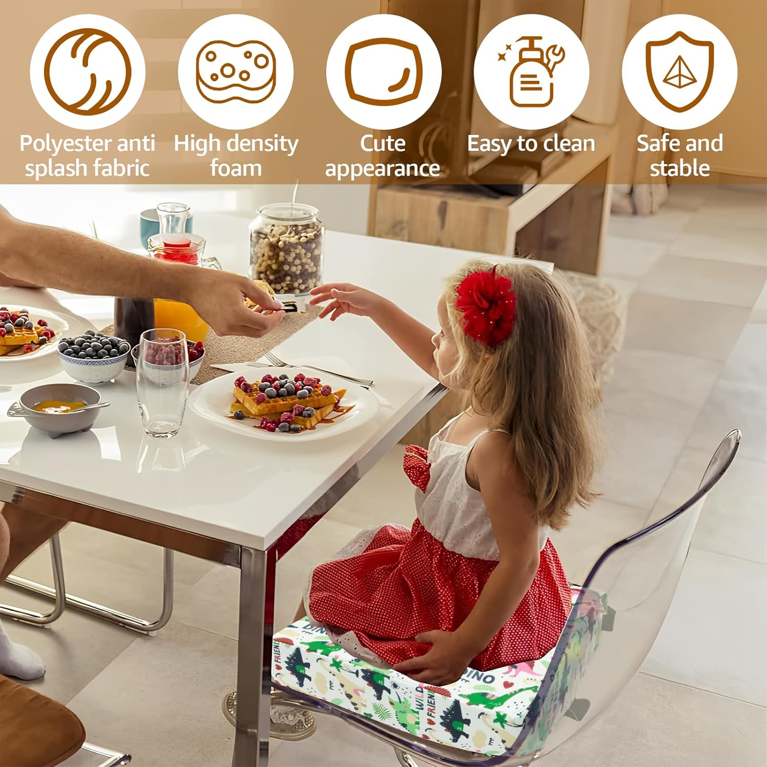 Toddler Booster Seat for Dining Table Non Slip Booster Seat with Adjustable Safety Belt and Fastening Strap Cute Table Booster Seat Lightweight Booster Seat Cushion for Travel Home Toddler - Dinosaurs image number 3