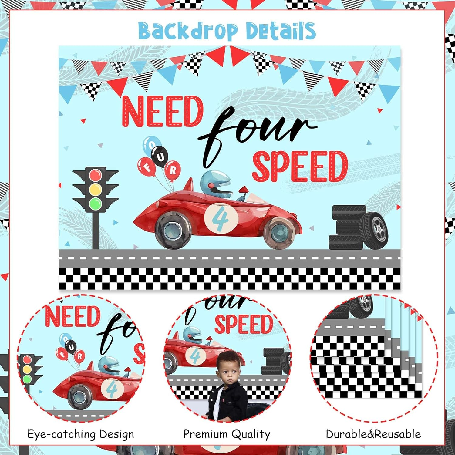 Wonmelody Race Car 4Th Birthday Party Backdrop Need Four Speed Backdrop Banner Race Car 4Th Birthday Decors Red Blue Race Car Vintage Photography Background Supplies for 4Th Boys (7 * 5Ft) image number 1
