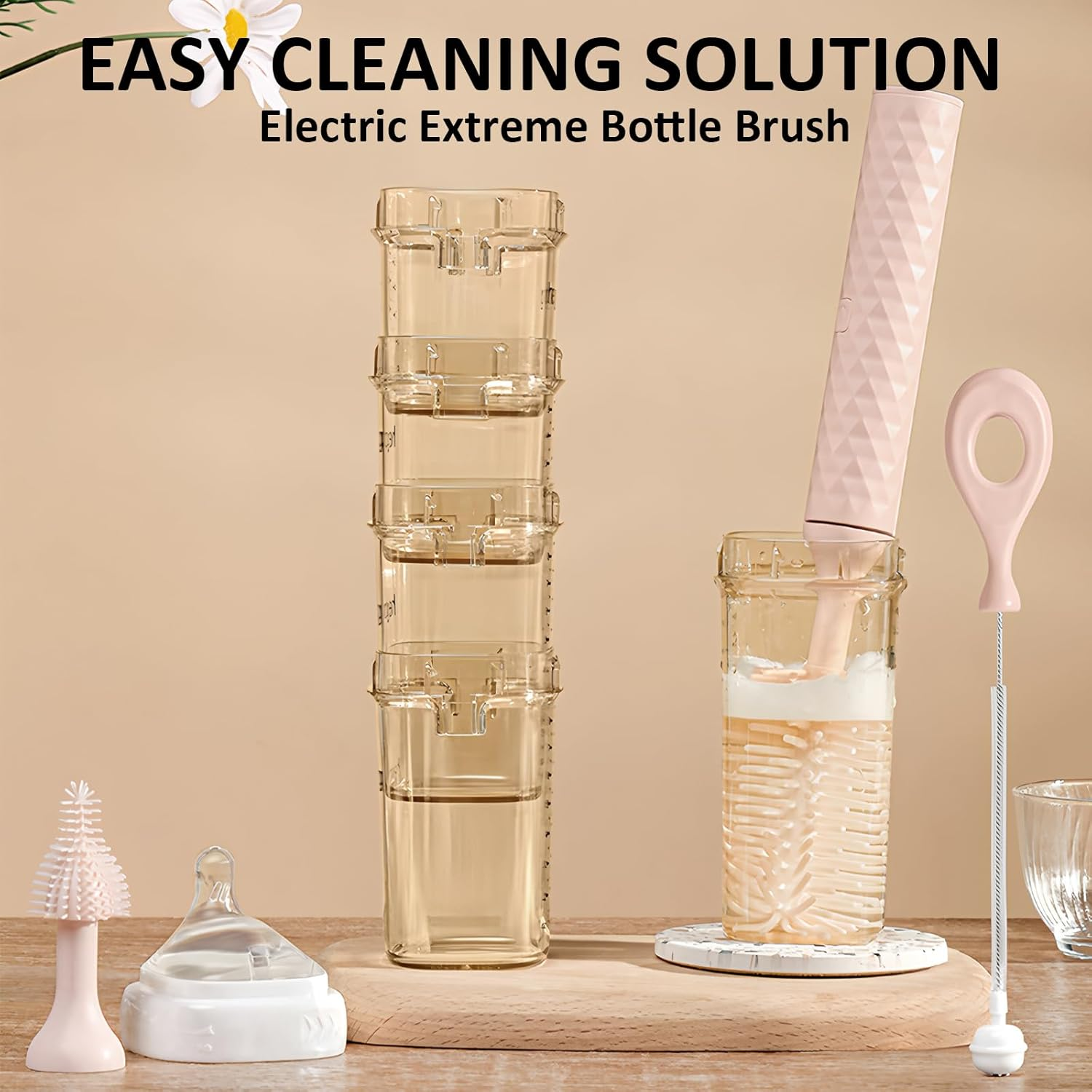 Baby Bottle Brush Set Electric Bottle Brush with Silicone Nipple Brushes Straw Cleaner Rechargeable Water Bottle Cleaner for Pregnancy New Mommy and Daddy (Pink) image number 1