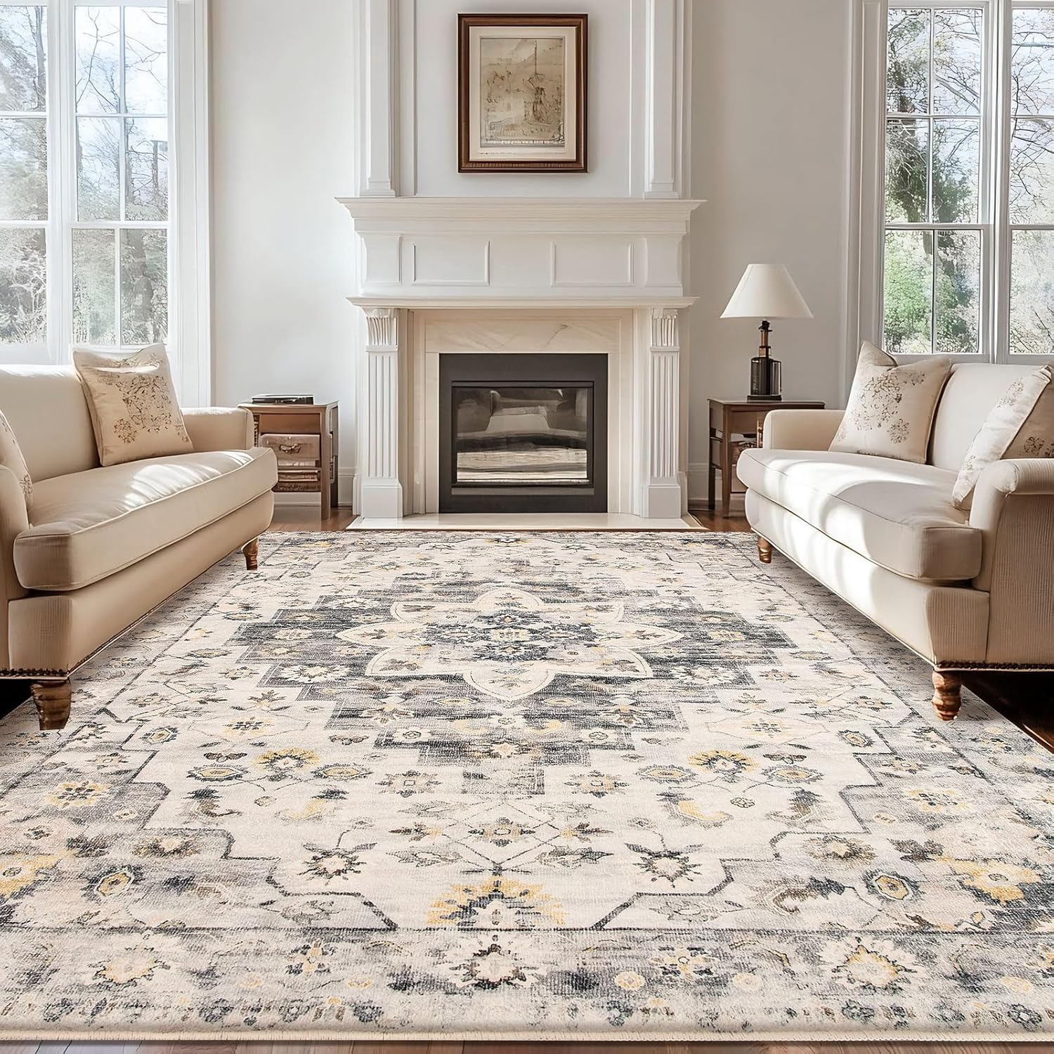 Leesentec Vintage Area Rugs for Living Room Soft Non-Slip Persian Rug Retro Floral Accent Carpet Extra Large Rugs for Bedroom/Dining/Office/Nursery Boho Home Decor (Blue/Grey/Beige，200 X 300Cm)