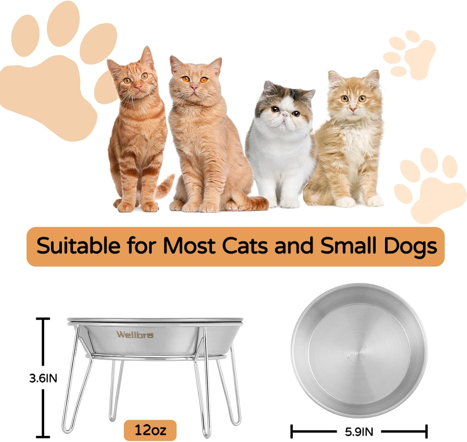 Wellbro Elevated Cat Bowls, 5.9 Inch Wide Stainless Steel Cat Food Bowls with Metal Stand Whisker Stress-Free, Raised Food and Water Dish for Cats, Kitten, Puppies and Small Dogs-2 Pack - Silver image number 3