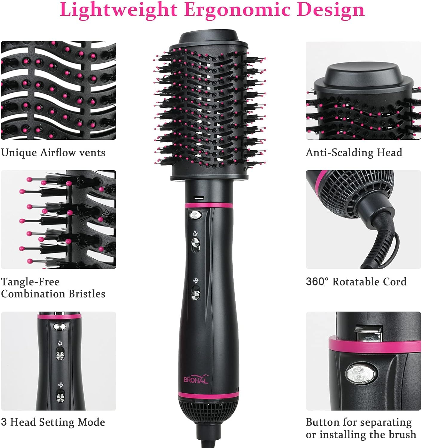 BRONAL Hot Air Brush,One Step 4 in 1 Volumizer Hair Dryer/Hair Curler/Styler Comb/Hair Straightener, Multifunctional Hot Air Brush and Volumizer with 4 Styling Attachments (AU Plag)