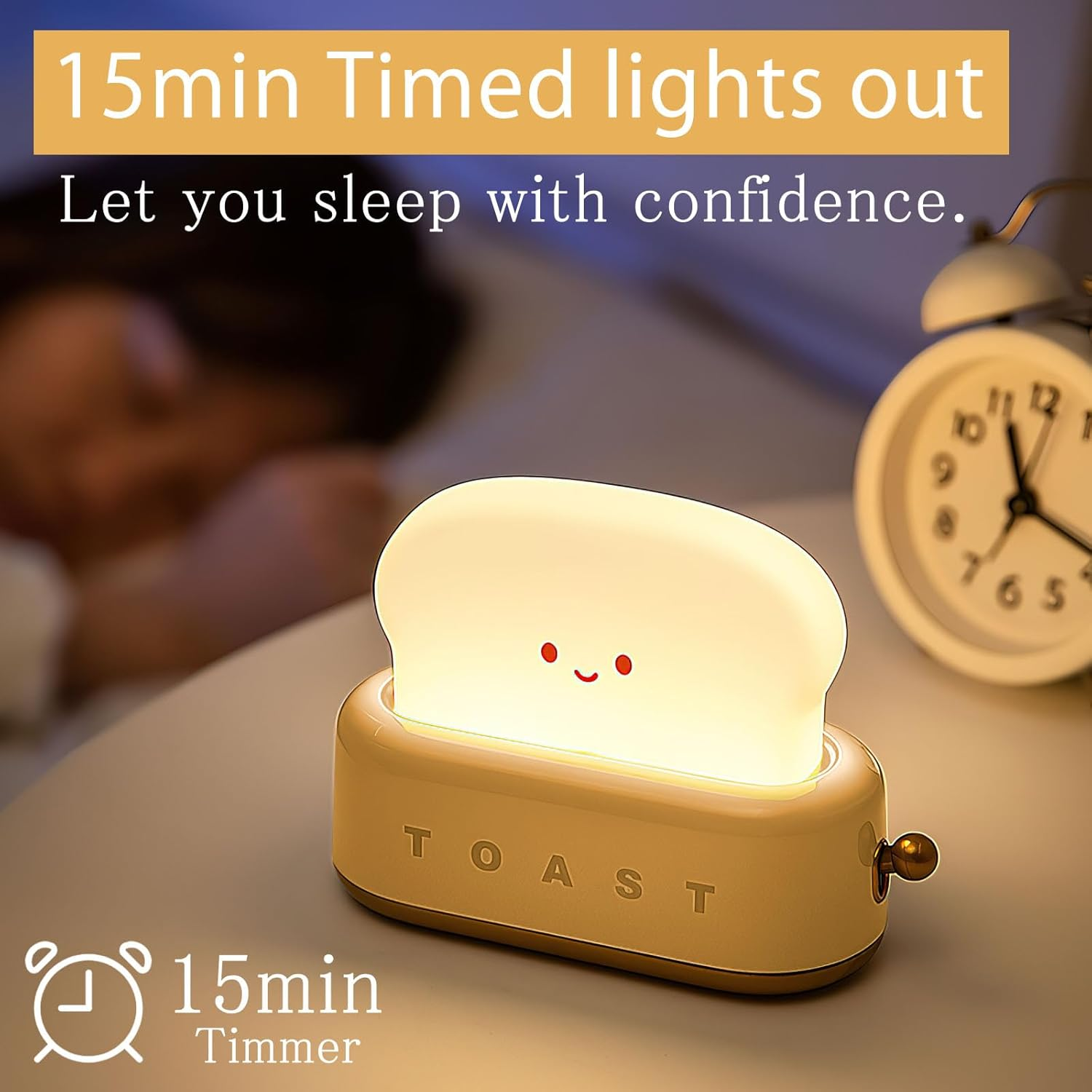 VOSSOT Toast Children'S Night Light, Kawaii LED Night Light with Timer, Baby Room LED Bedside Lamp, USB Rechargeable Baby Night Light, Nursing Light, Smile, Bread, Toast Night Lamp for Teen Girl Boy image number 4