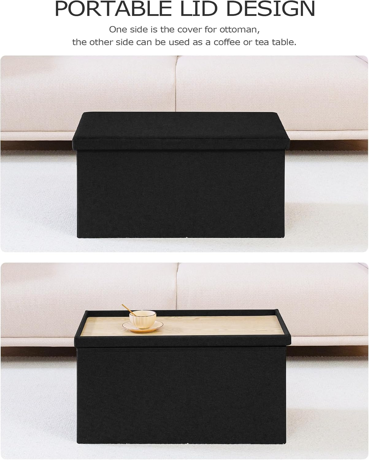 PINPLUS Folding Storage Bench, 30 Inches Ottoman Coffee Table Cube Chair Foot Rest Stool Storage Toy Chest for Living Room Bedroom, Holds up to 550 Lb (Black) - Gray image number 2