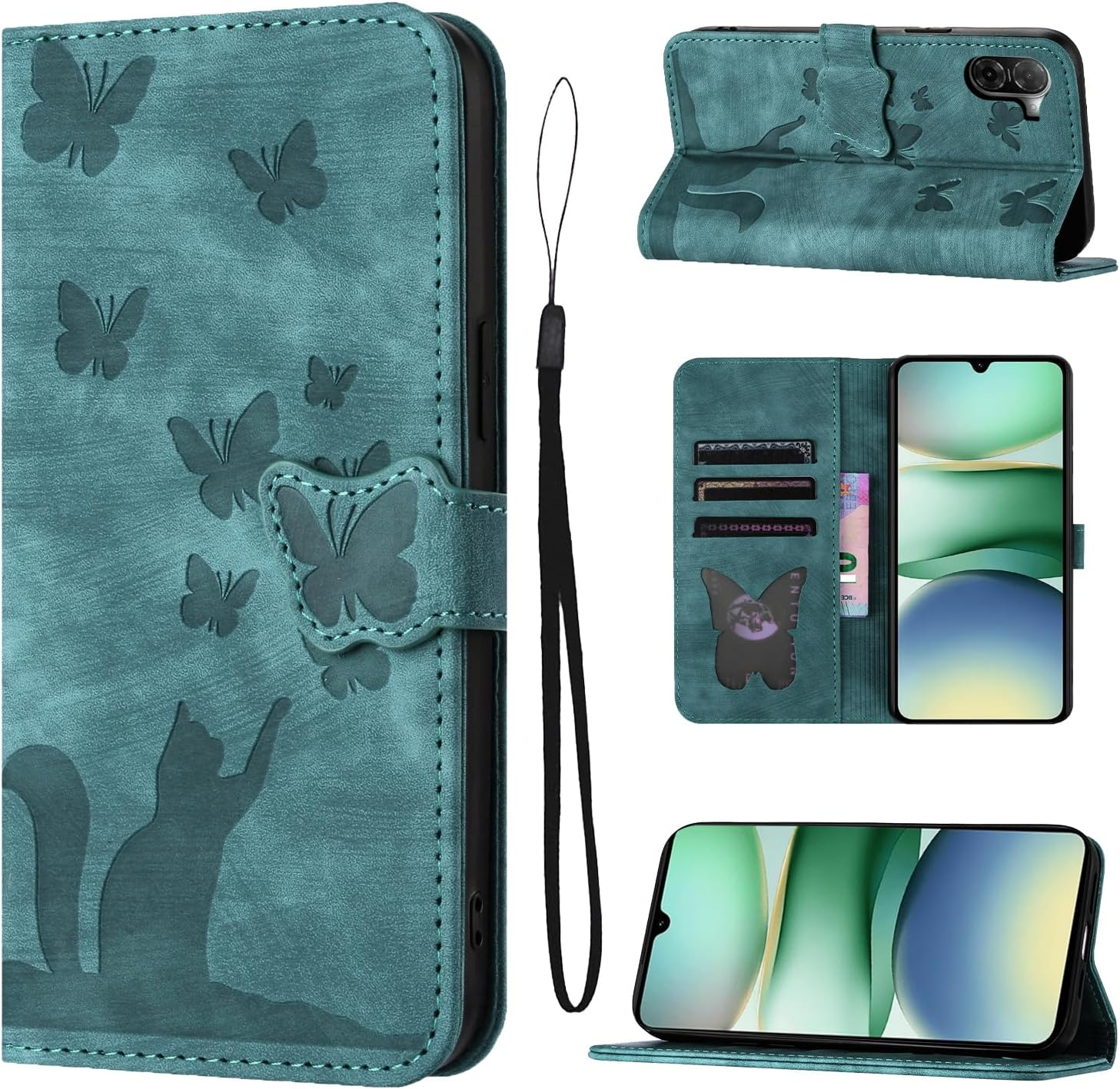 LSPCASA Mobile Phone Case for Iphone 17 Pro Max 6.9 Inch Premium PU Leather for Iphone 17 Pro Max Case with Card Slots Stand Function Protective Case Foldable Flip Wallet Phone Case Butterfly Cat