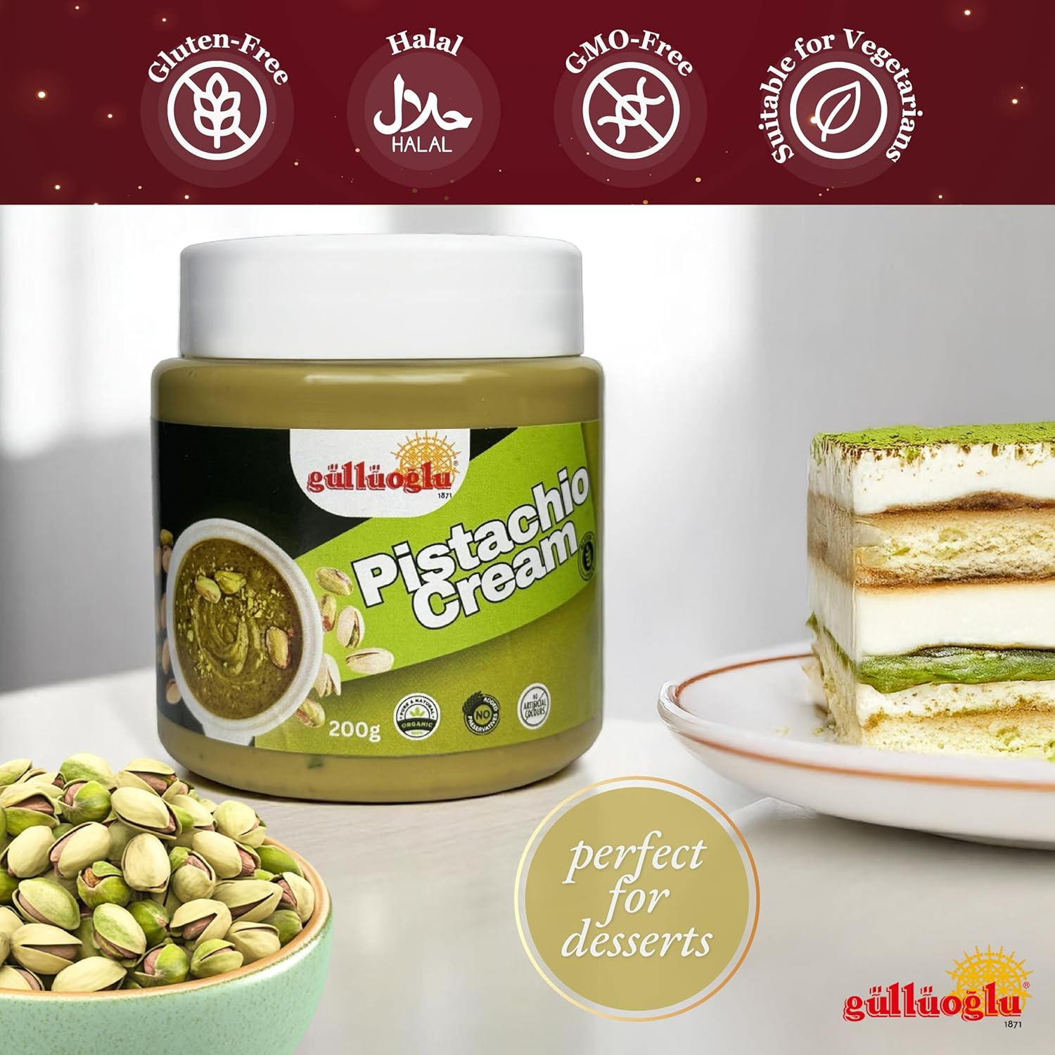 Gulluoglu Pistachio Cream, Pistachio Butter, Best for Dubai Chocolate, Turkish Premium Pistachios Cream 7 Oz, 200 G Perfect Taste for Dubai Chocolate image number 1