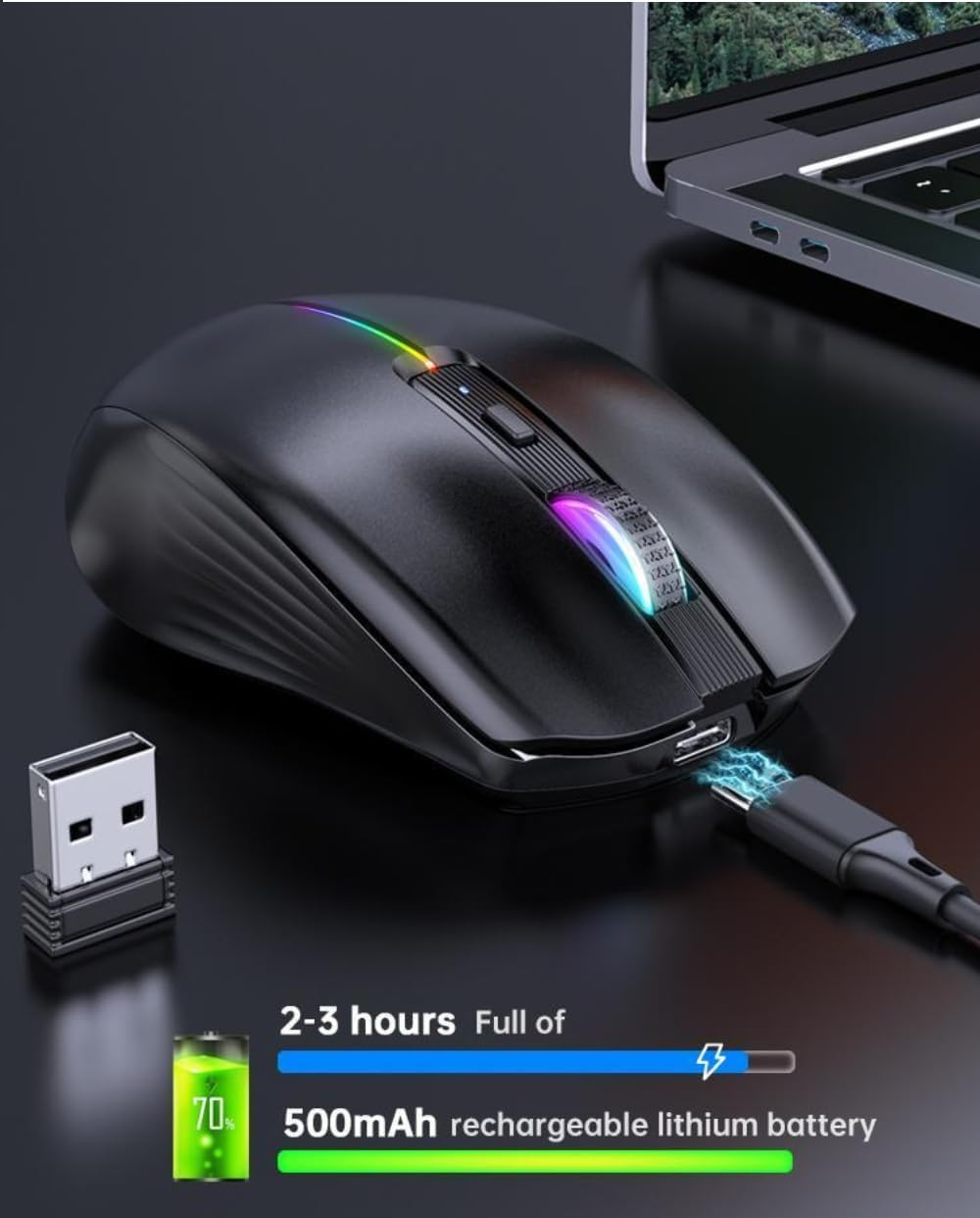 Bluetooth Mouse, Multi-Device Rechargeable Silent 6-Button Wireless Mouse Tri Mode BT 5.0+BT4.0+2.4G with RGB Backlight, 1600DPI Ergonomic Mouse for Mobile/Tablets, Laptop PC image number 6