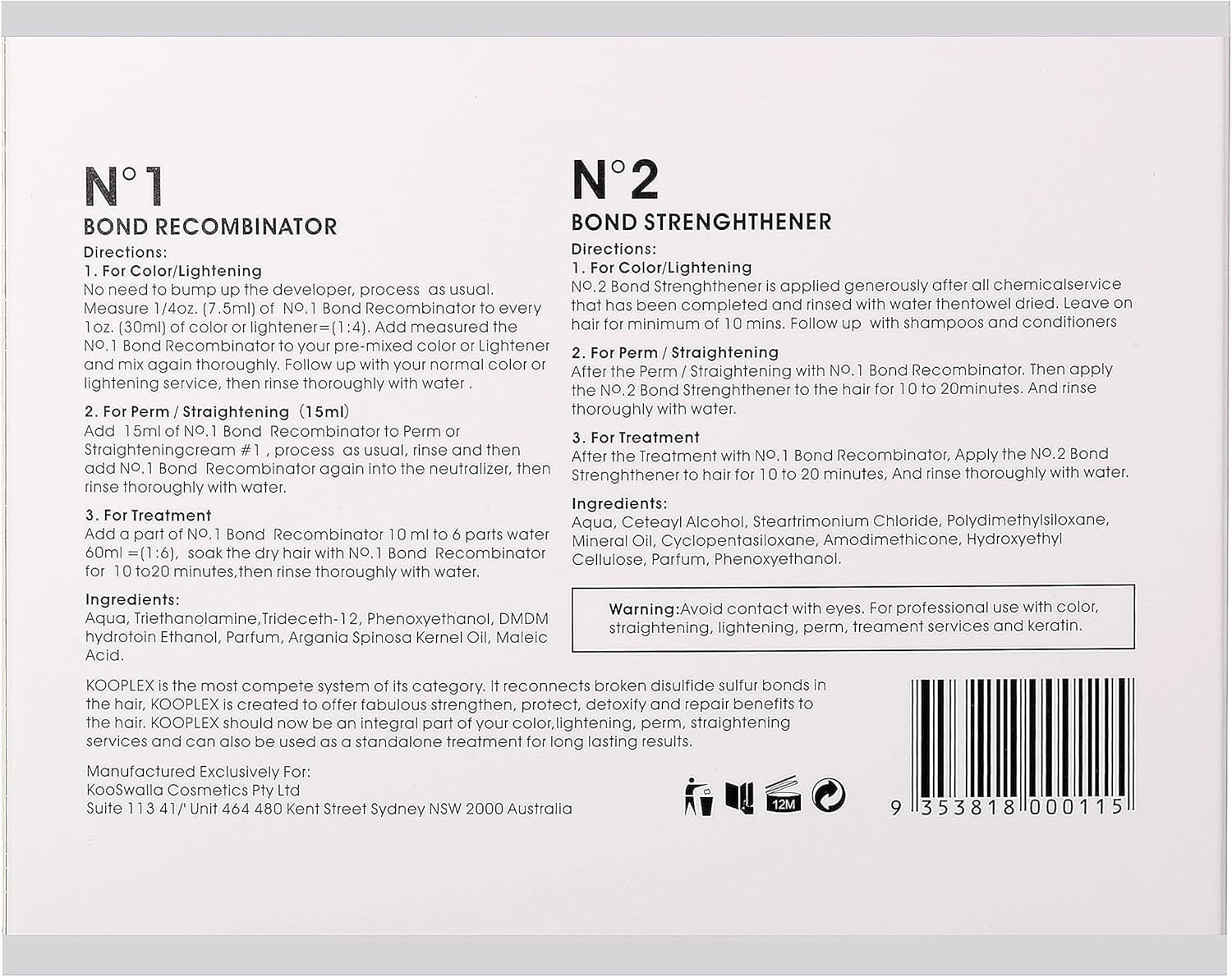 Kooplex Salon Bonding Treatment Kit for Bleaching and Colouring & Keratin Protection for All Hair Types, No1 (120Ml) & No2 (240Ml)