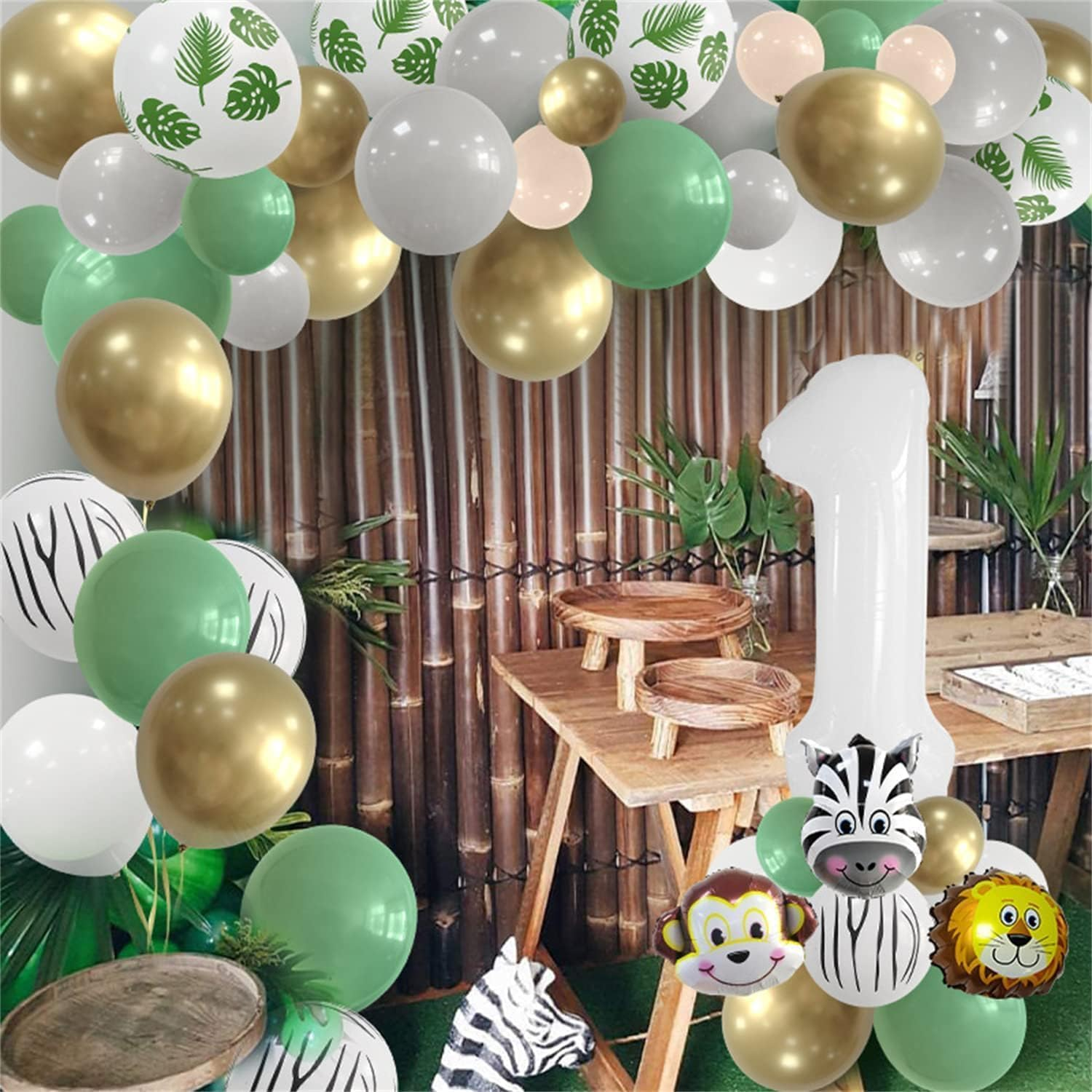 Jungle Safari Balloons Garland Kit Jungle Safari Party Supplies,1St Birthday Party Decorations Supplies,Green White Gold Balloon Arch Kit for Birthday Party Decorations. image number 2
