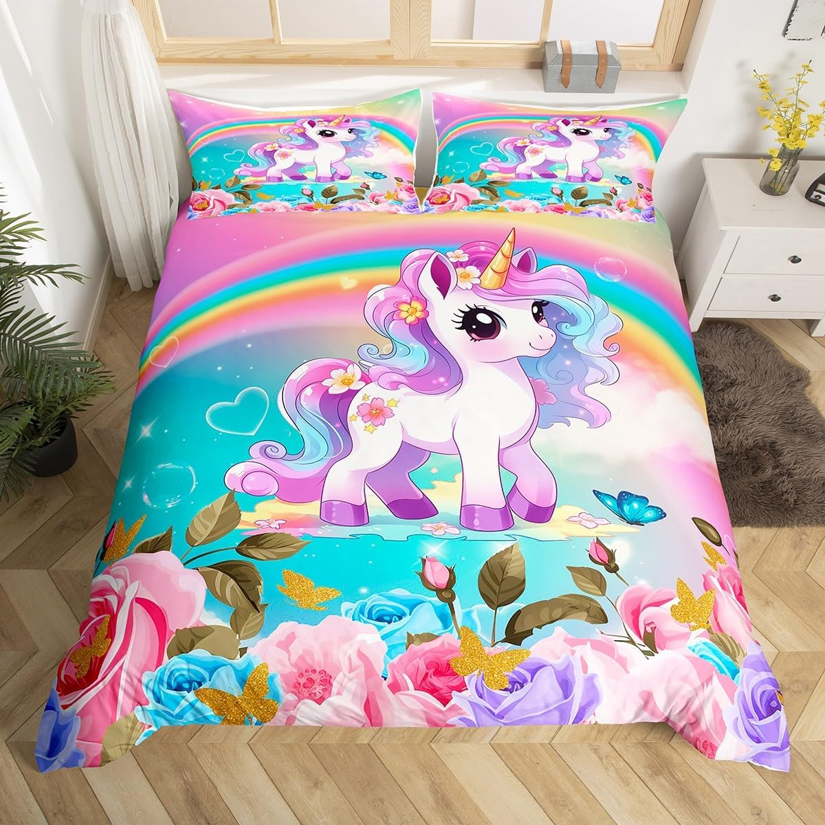 Cartoon Unicorn Kids Duvet Cover Set Queen Size,Sakura Cherry Blossom Japanese Bedding Set,Girls Women Room Decor,Rainbow Unicorn Cute Comforter Cover,Pink Purple Romantic Quilt Cover,2 Pillowcases