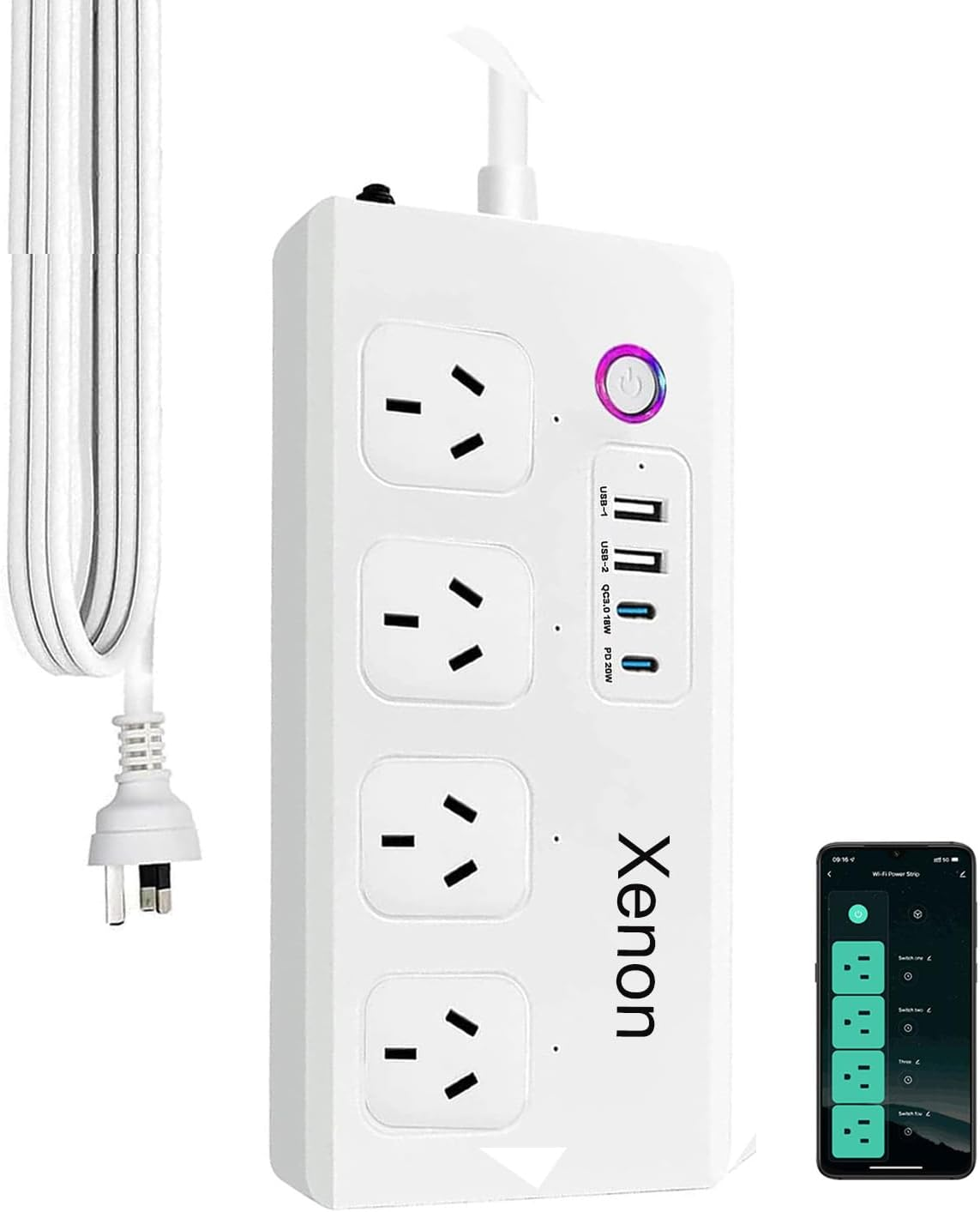 Xenon Smart Power Board, Wifi Power Strip with 4 AC Outlets and 4 USB, Compatible with Alexa and Google Home 1.5M Extension Lead for Desk Travel School Home Office (Wifi Version - White)
