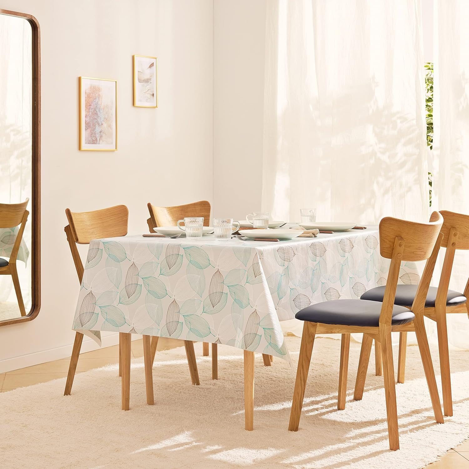 KP HOME Modern PVC Table Cloth Wipe Clean Tablecloth Grey and Teal Leaves Pattern Plastic Table Cover - Wipeable Table Cloth Rectangle PVC Table Cloth 200 X 140 Cm Botanic Leaf Design Ocean Blue image number 1