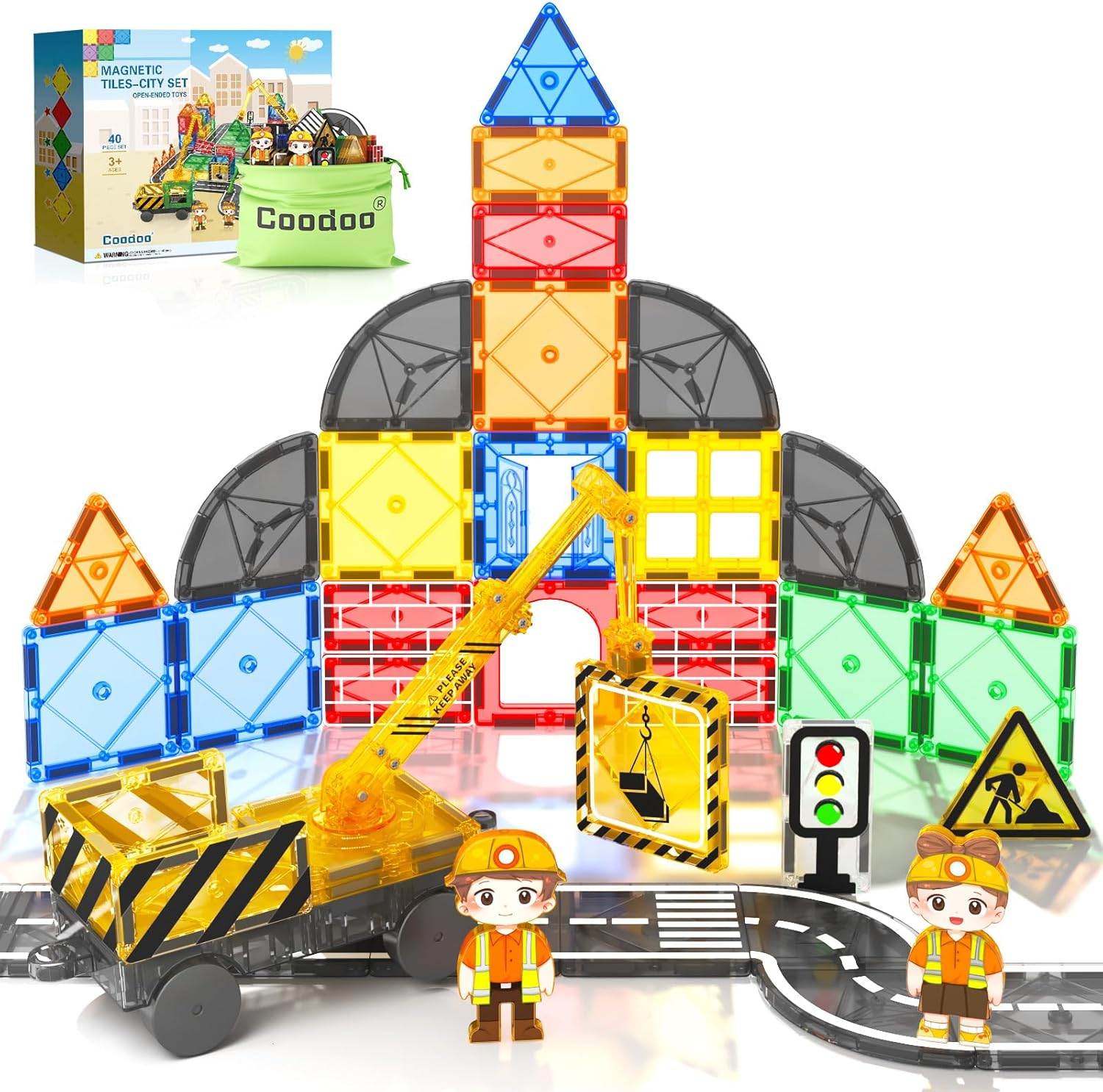 Kids Games Magnetic Tiles Road Set with Extendable Magnetic Crane, City Construction Building Toys for Toddlers STEM Preschool Toys Ages 4-6 5-7, Gifts for 3+ Year Old Boys Girls Kids Toys with Car image number 3