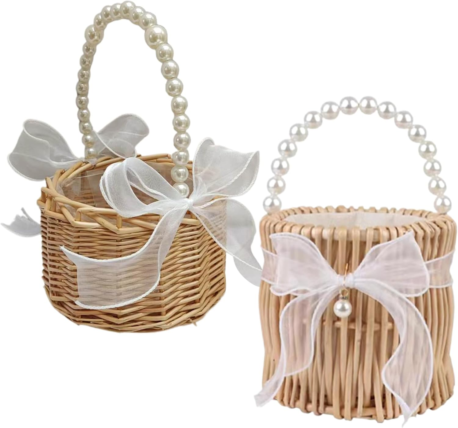 Flower Girl Basket Set of 2 Rattan Flower Basket with Pearl Handle and Bow Decorative Flower Girl Baskets for Weddings Ceremony Style1 Flower Basket Flower Girl Basket Set of 2 Flower Girl Baskets Fo image number 5