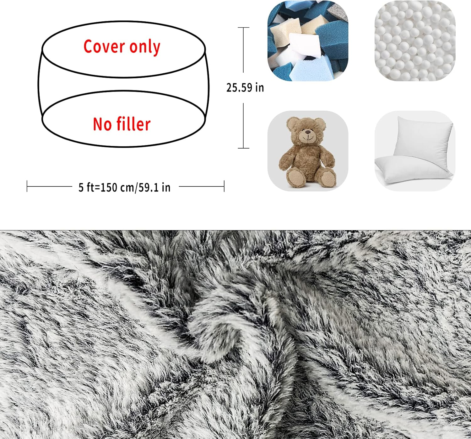 Yudoutech Bean Bag Chair Cover without Filler,Big round Soft Fluffy PV Velvet Washable Bean Bag Lazy Sofa Bed Cover for Adults,Living Room Bedroom Furniture Outside,150Cm Dark Grey. image number 3