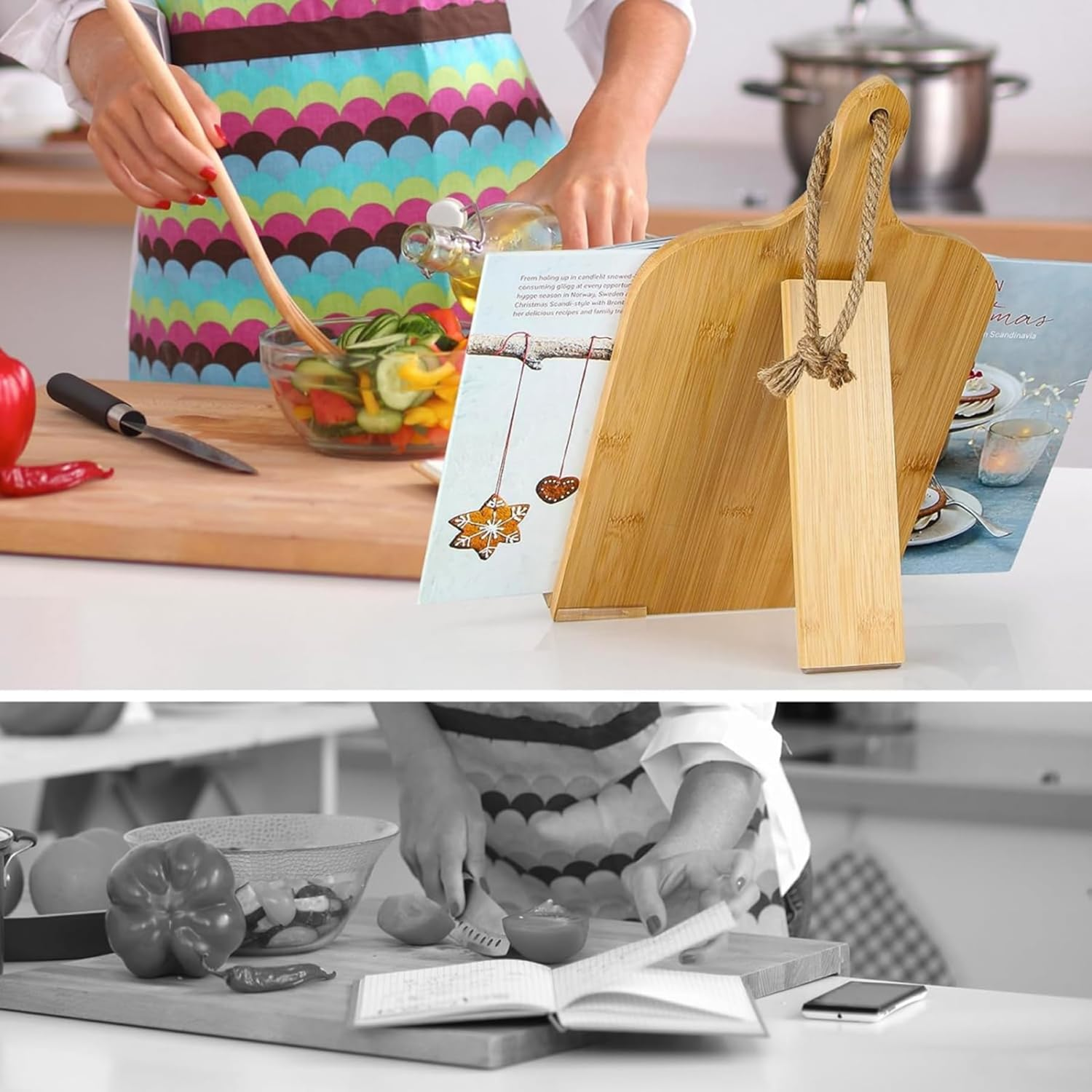 FORYUSE Cookbook Stand Wooden Recipe Book Holder with Measurement Conversion Chart Adjustable Rustic Cook Book Stand for Kitchen Counter image number 4