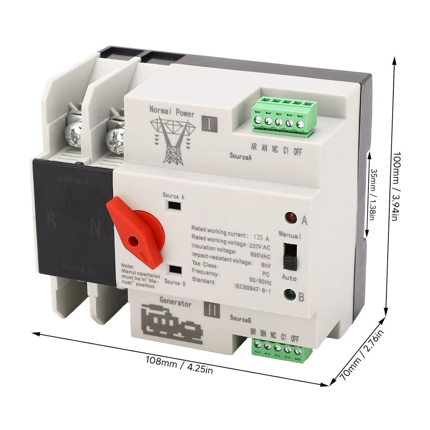 Automatic Transfer Switch Dual Power 2P Flame Retardant Power Transfer Switch Generator Changeover Switch Electronic Circuit Breake AC 220 V (125A) image number 1