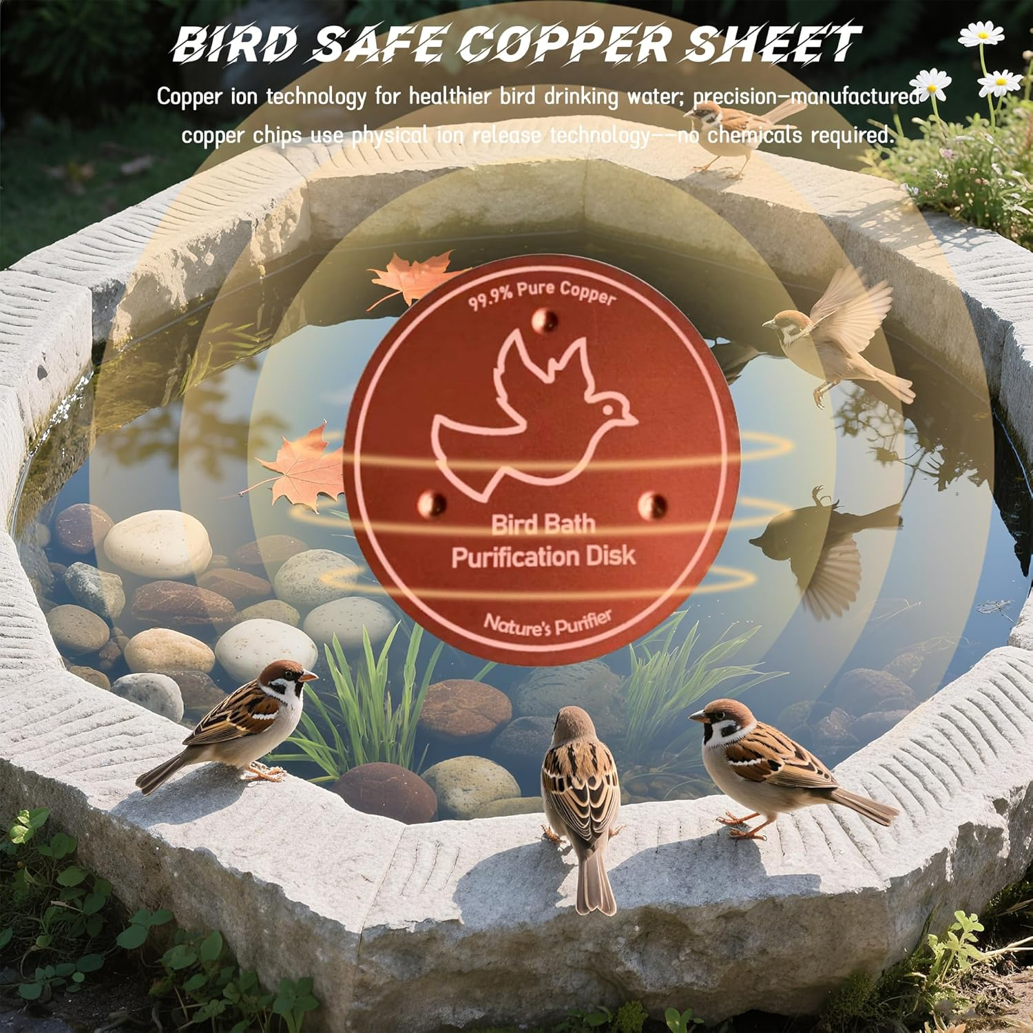 Depehelp Bird Bath Copper Disk, Reinforced 99.99% Pure Copper Cleaning Disk with Triple-Point Support for Physical Safe Clean Water All-Season, Universal Fit for Outdoor Birdbaths, Bowl image number 6