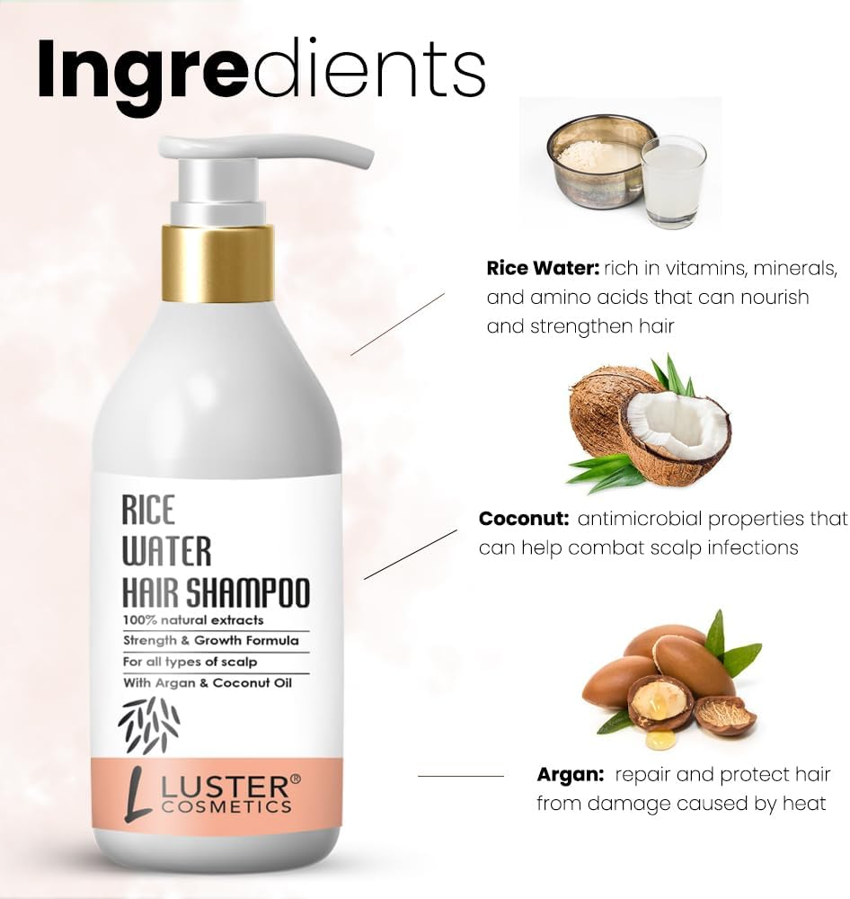 Luster Cosmetics Rice Water Hair Shampoo | Enriched with Argan & Coconut Oil | for All Types of Scalp | Helps Hair Strength & Growth | Shampoo for Dry & Frizzy Hair | No Paraben & Sulfate - 300Ml image number 1