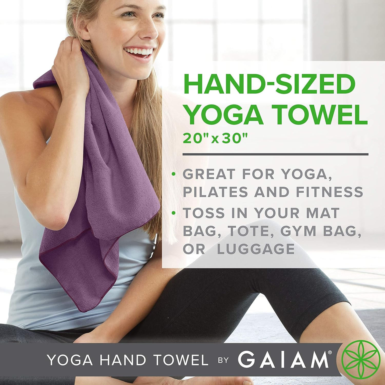 Gaiam Yoga Mat Towel Microfiber Yoga Mat and Hand Sized Towels for All Types of Yoga, Pilates and Floor Exercises - Great for Hot Yoga (68" X 24" or 20" X 30")